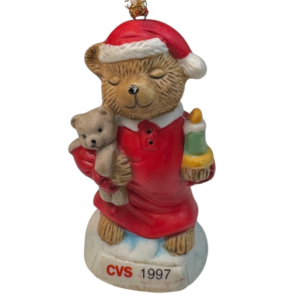 CVS 1997 Christmas Ornament Teddy Bear Santa Hat Holding Teddy Candle A14Q‎